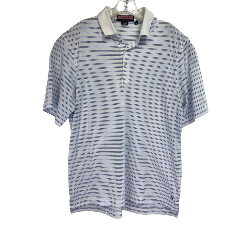Vineyard Vines Mens Sz Medium White W/ Blue Stripes Golf Polo Shirt (K38) EUC